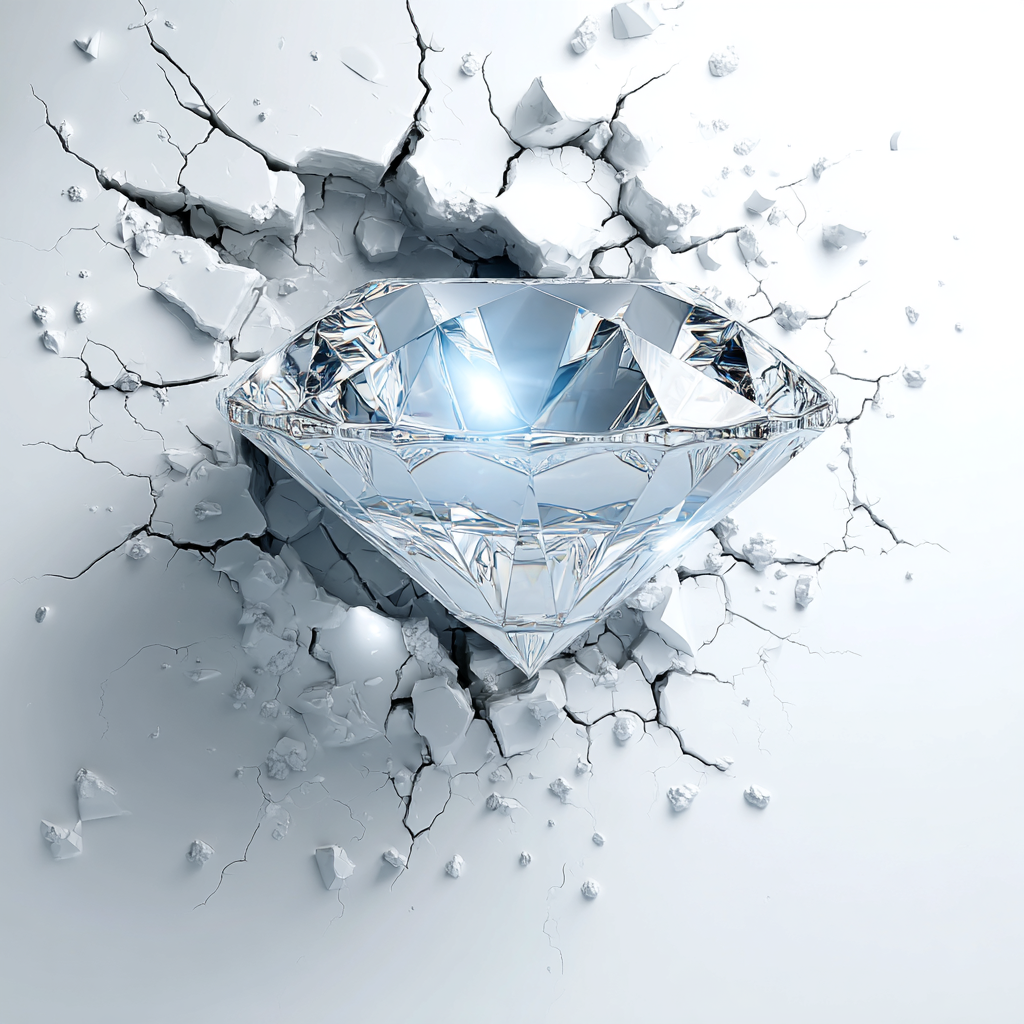 A luminous diamond bursting through a cracked white wall