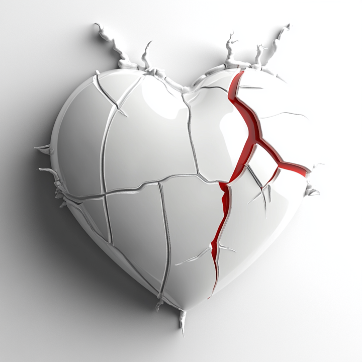 A polished white ceramic heart fractured down the middle, a deep red light emerging from inside