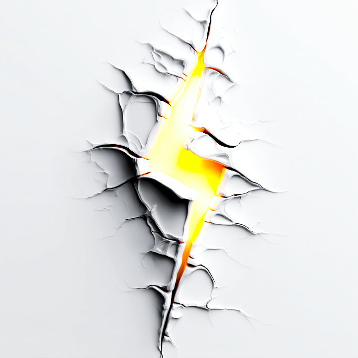 A jagged bolt of light cracking through a white wall, ice-blue glow at the impact point